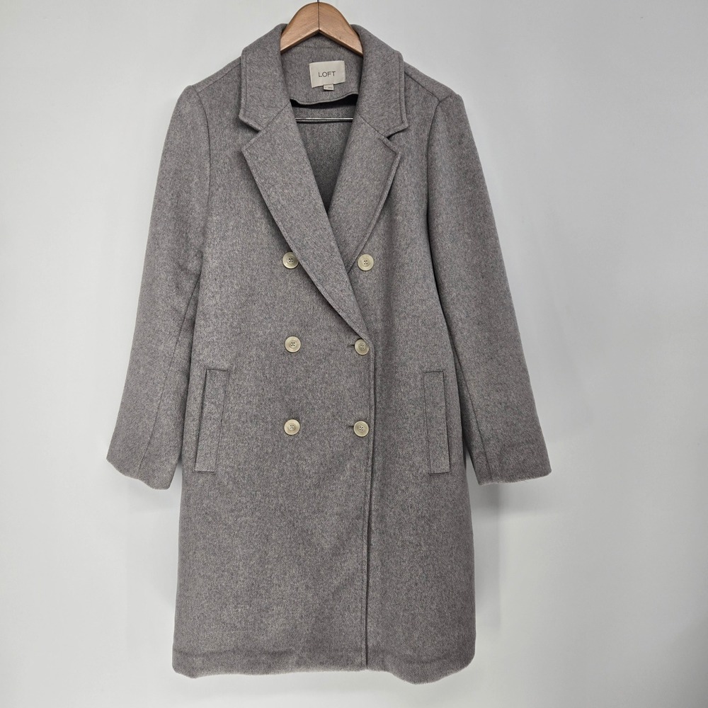 LOFT Coat Women Medium Gray Wool Blend Double‎ Breasted Pea Coat Long Jacket M